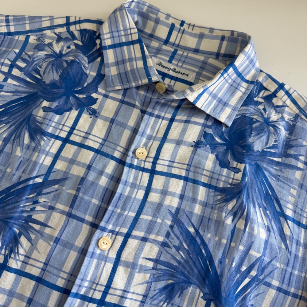 Tommy Bahama Blue Plaid Hawaiian Silk Linen Short Sleeve Button Down Mens Medium